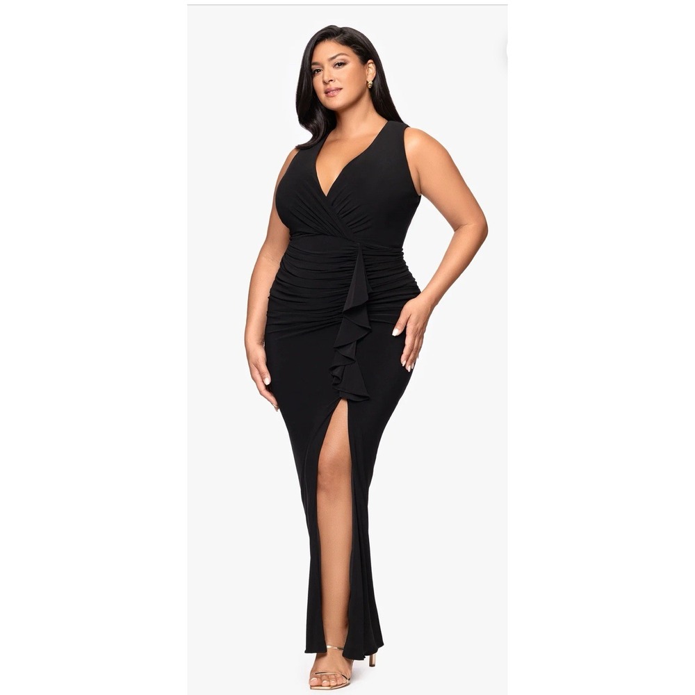 Betsy And Adam "BOBBI" LONG RUFFLED V-NECK GOWN Dress Bodycon Black Size 20W